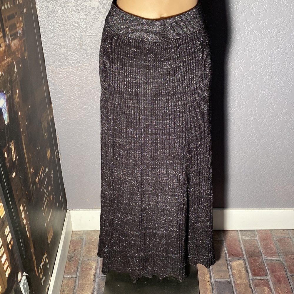 FREE PEOPLE - NWT - sweater skirt: ‘black shine’ knit maxi w shimmer silver - XL